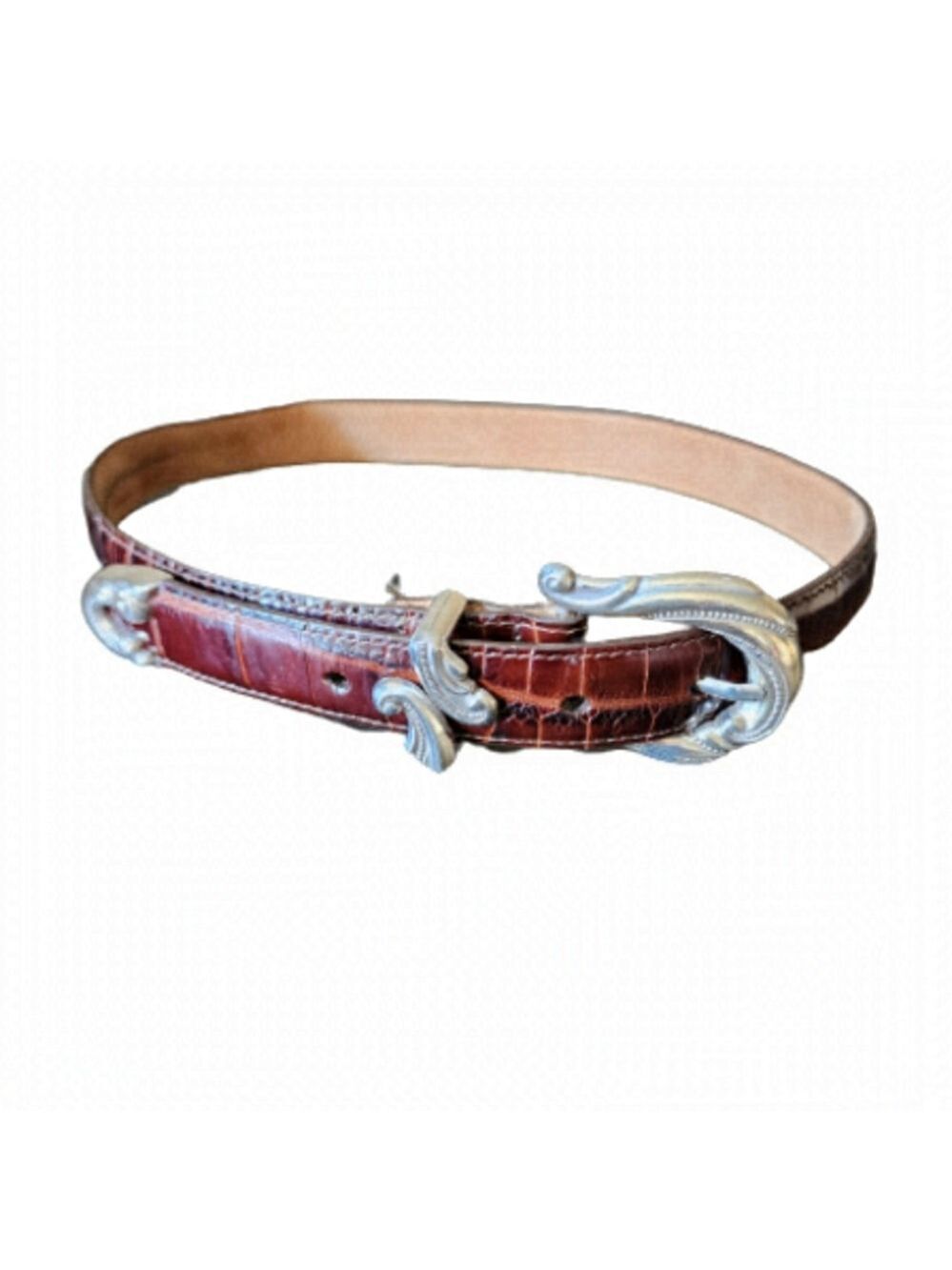 Cold water creek western silver scroll buckle alligator croc print leather belt